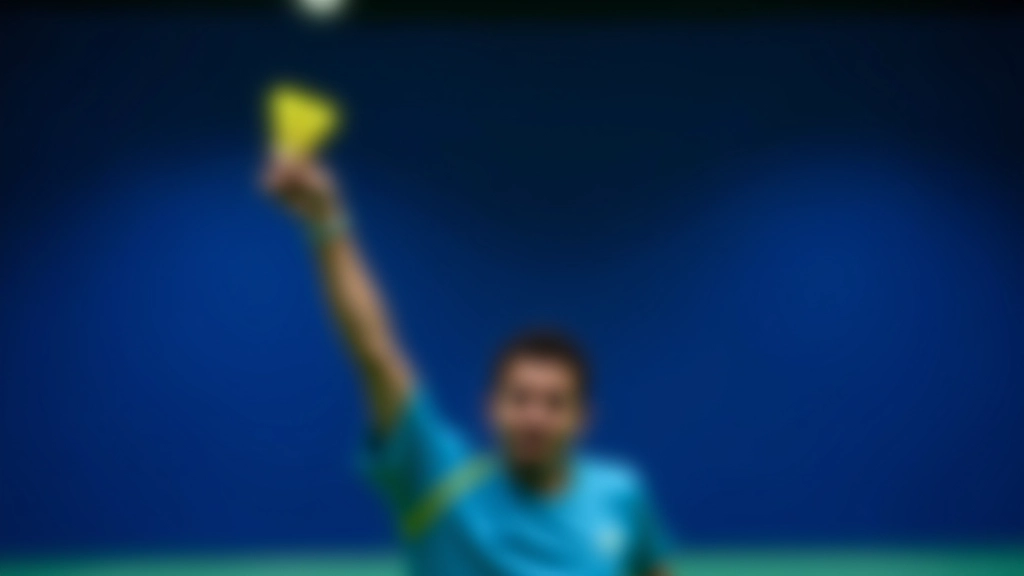 لاعب يؤدي ضربة السماش في ملعب كرة الريشة مع خلفية زرقاء